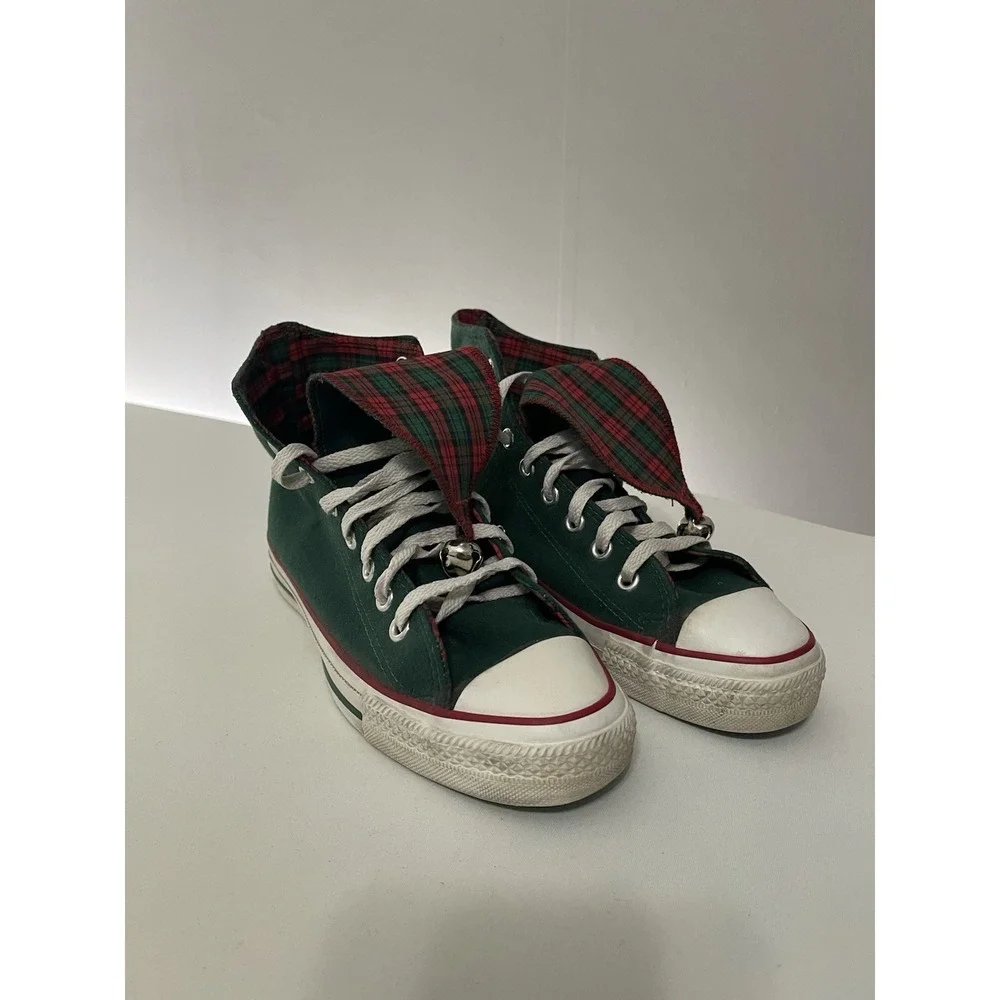 VTG Chuck Taylor Green Allstar‎ W/Plaid Elf Jingle Bells High Top Shoes Size 6.5
